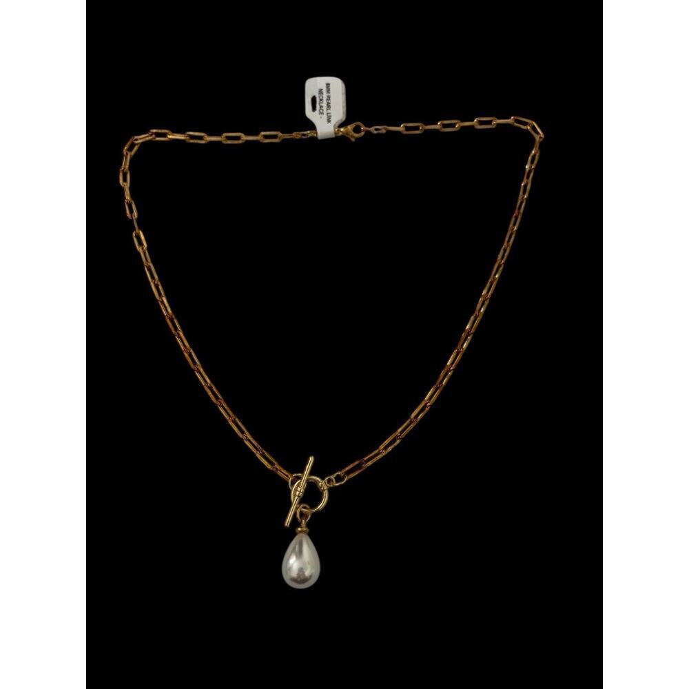 Gold Plated Danity Freshwater Pearl Paper Clip Toggle Chain Necklace Pendant NWT